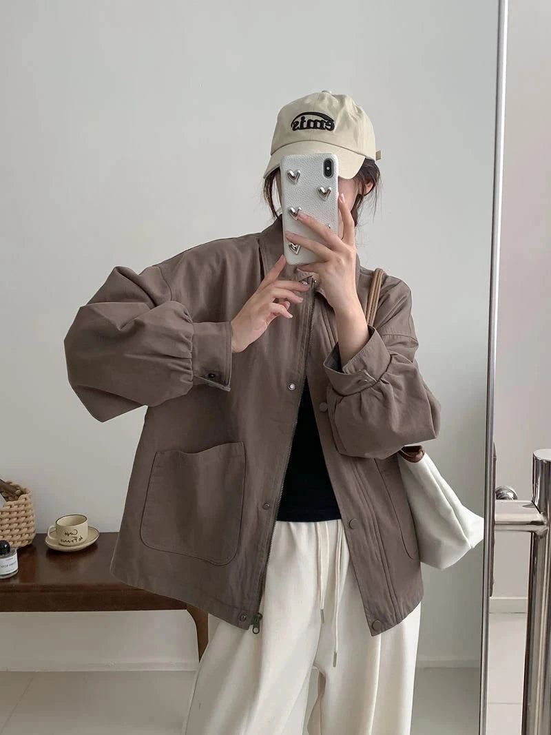 Fall Women Cargo Jacket Loose Preppy Style Long Sleeve Vintage Coat Casual Big Pockets American Retro Solid Bf Outwear Tops voguable