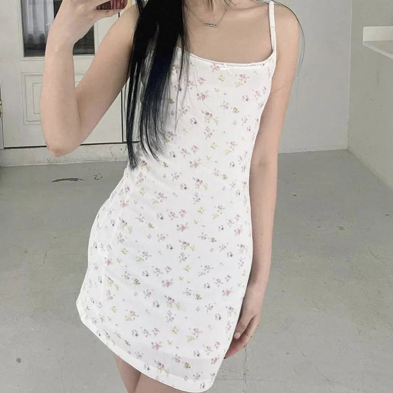 Sweet Girls Floral Print Sexy Spaghetti Straps Dress Women O Neck Bodycon Summer Mini Dreses Holiday Robe voguable