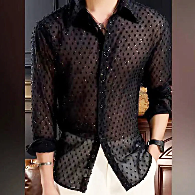 Fall Vintage Fashion Black Dress Shirt Man Shirt Men's Hollow Mesh Lace Long Sleeve Loose Casual Shirts Male Streetwear voguable