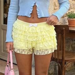 Voguable  Women Mesh Lace Bloomer Shorts Y2k Layered Ruffle Frilly Booty Shorts Fairy Bowknot Sexy Boy Shorts Panties Party Clubwear voguable