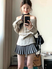 Korean Style Sexy Off Shoulder Sweater Women Sweet Elegant Long Sleeve Knitted Pullover Cute Fashion Slim Up Sweaters voguable