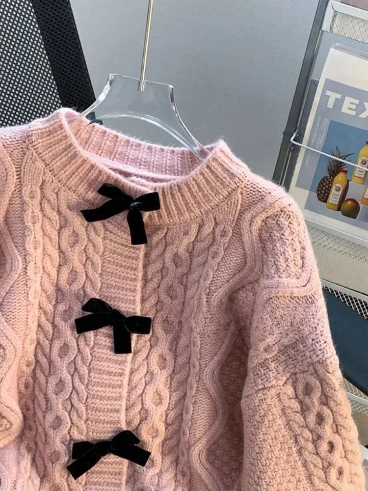 Preppy Style Bow Sweet Cardigan Women Cute Long Sleeve Solid Knitted Sweaters Casual Vintage O Neck Lady Fall Winter Top Outwear voguable