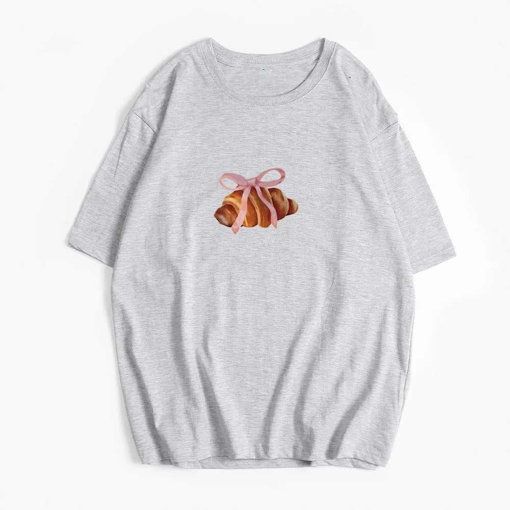 Bow And Horn Print White Summer T-shirt 2025 New Short Sleeve O-neck All-match Women Tee Top Streetwear Fashion Woman Clothing voguable