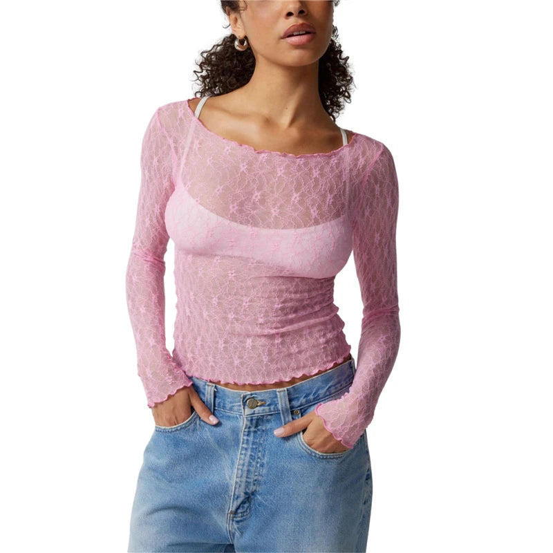 Lace Tops for Women y2k Clothes Sheer See Through Round Neck Long Sleeve Ruched T Shirt 2000s Clothing Party Clubwear voguable