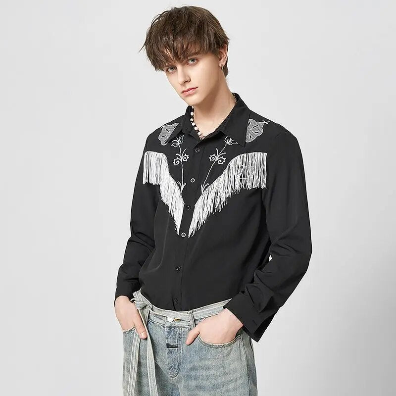 Men Shirt Embroidered Tassel Patchwork Lapel Long Sleeve Fashion Camisa Streetwear Button Casual Men Clothing S-5XL voguable