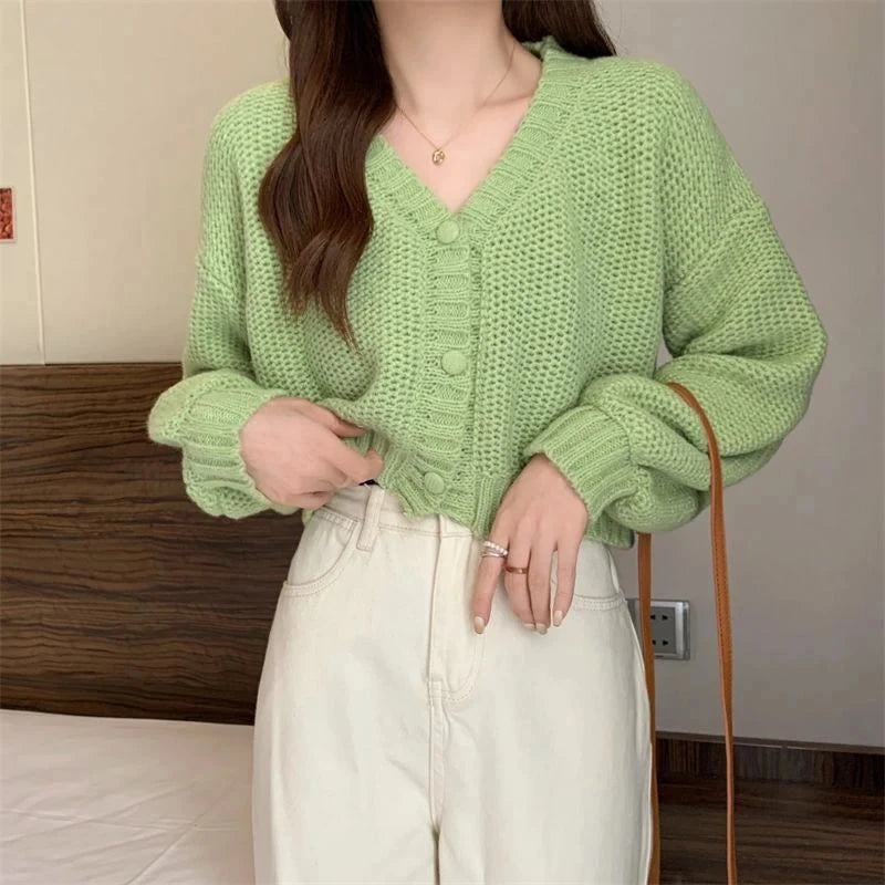 Sexy Cropped Sweet Cardigan Women V Neck Vintage Slim Long Sleeve Knitted Sweaters Korean Causal Simple Solid Lady Fall Tops New voguable