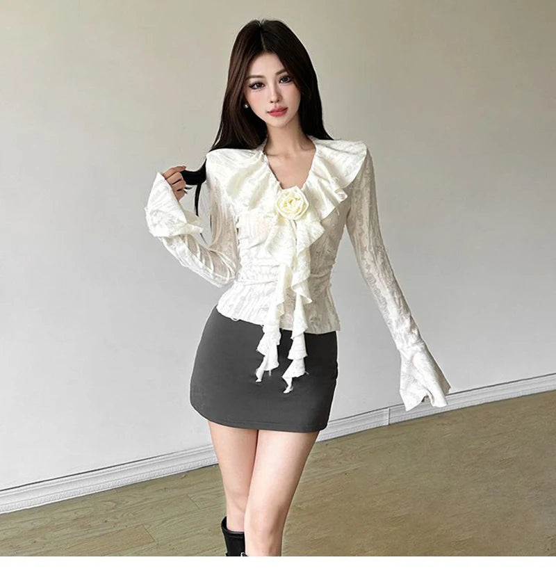 3D Floral Ruffles Y2K T Shirts Women Slim Long Sleeve Hole Gothic Tops Streetwear Harajuku Vintage Lady V Neck Design Tees voguable
