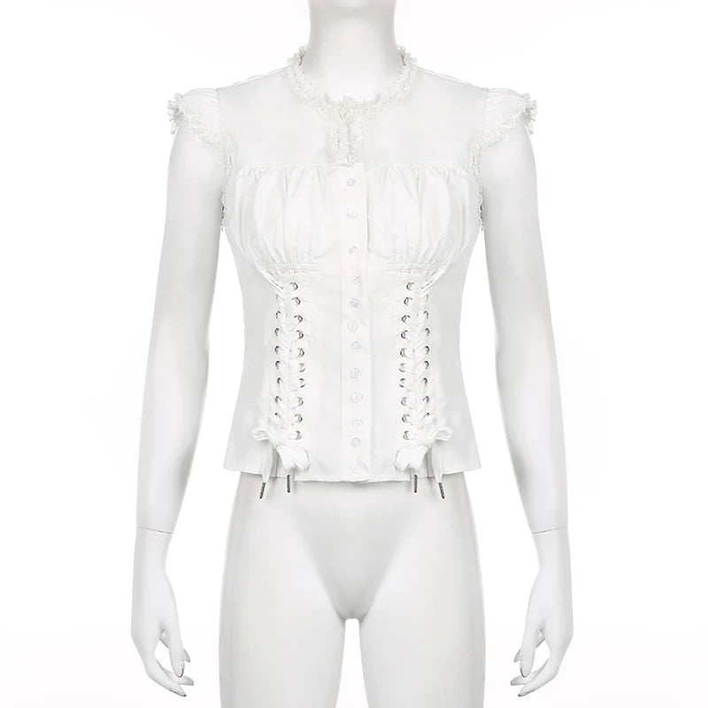 Voguable  Bandage Design Single-breasted Shirt Coquette Aesthetic Sweet Drop Sleeves Tops Court Style Fairycore Blouse Cute Tanks voguable