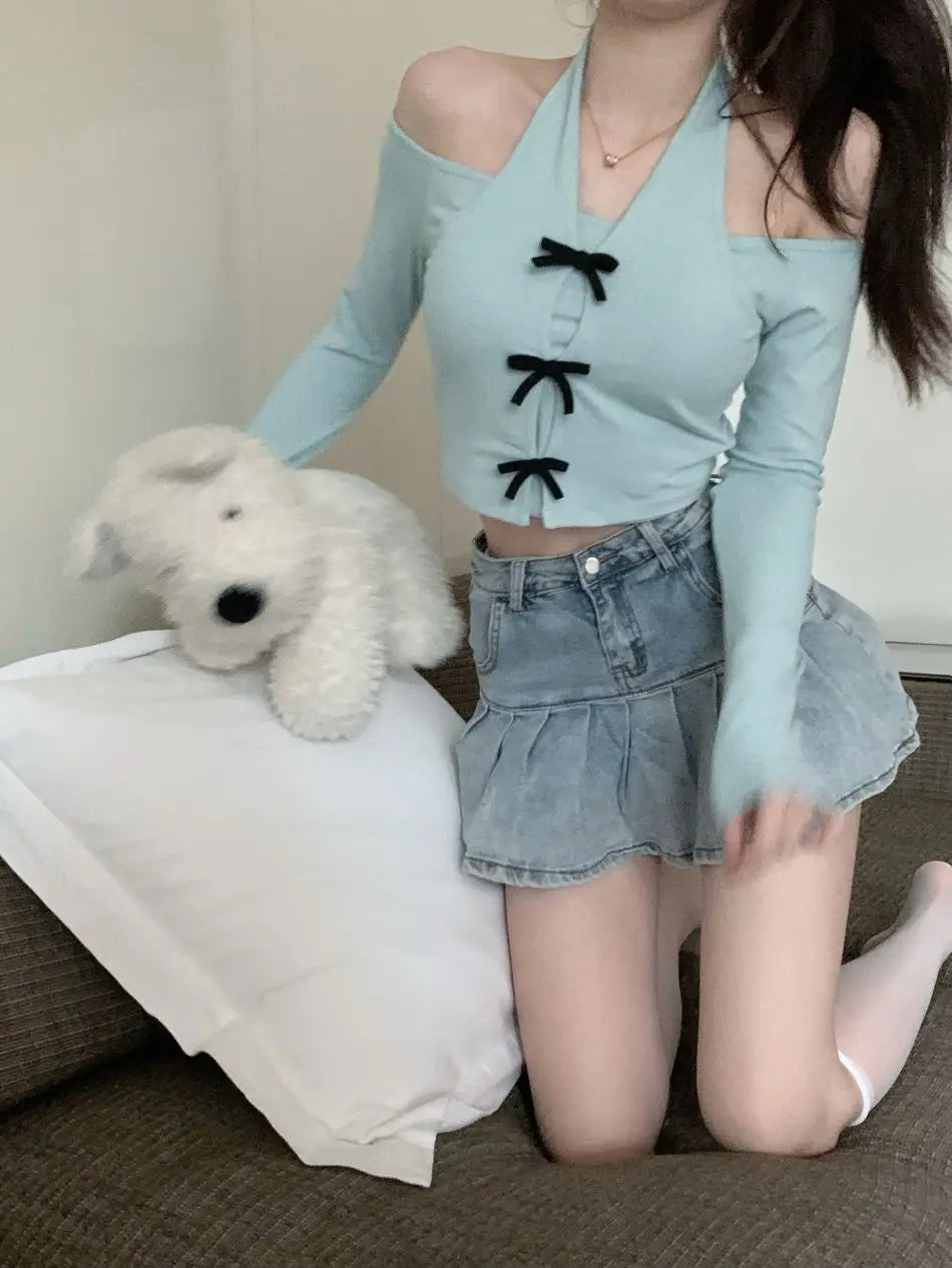 Voguable Coqutte Off The Shoulder Tops Fake 2pcs Hotsweet Solid Color Collar Halter Kpop Slim T Shirt Long Sleeve Basic Shirts. voguable