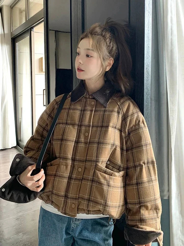 Warm Vintage Plaid Parkas Women Loose Long Sleeve Winter Thick Cotton Coat Korean Casual Pockets Cute Sweet Jacket Tops New voguable