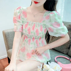 Voguable  Summer Square Collar Bubble Sleeve Floral Top voguable