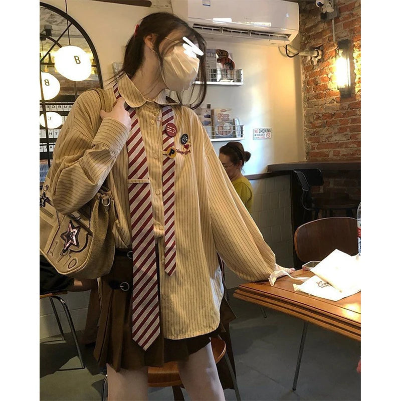 Vintage Tie Striped Shirts Women Harajuku Brooch Oversized Long Sleeve Blouses Streetwear Korean Preppy Print Loose Casual Tops voguable