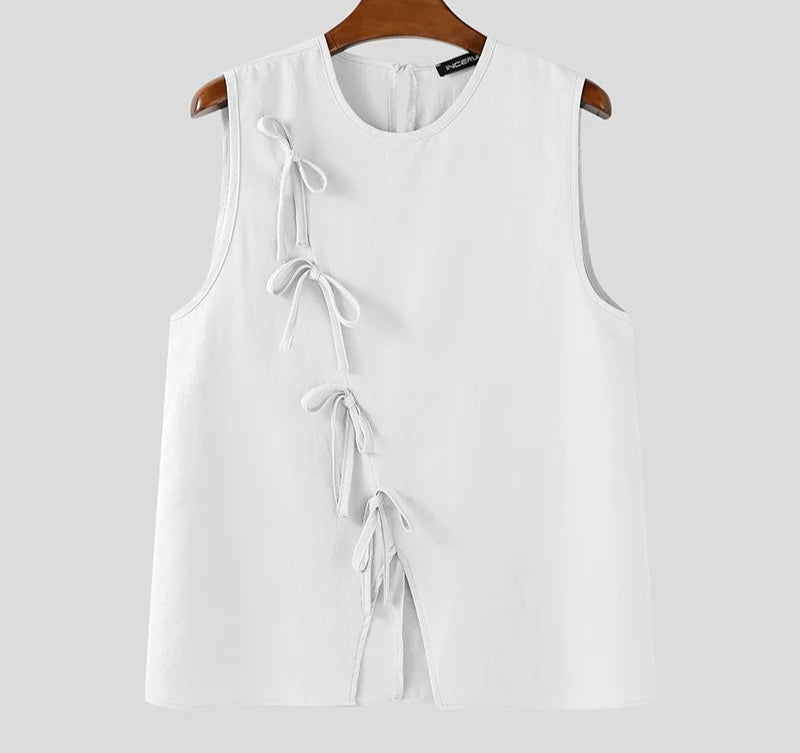Summer Sleeveless Men Tanks Tops Bow Solid Color O Neck Tops Tee Male Vests Fashion Oversize Streetwear Slit Tops S-5XL voguable