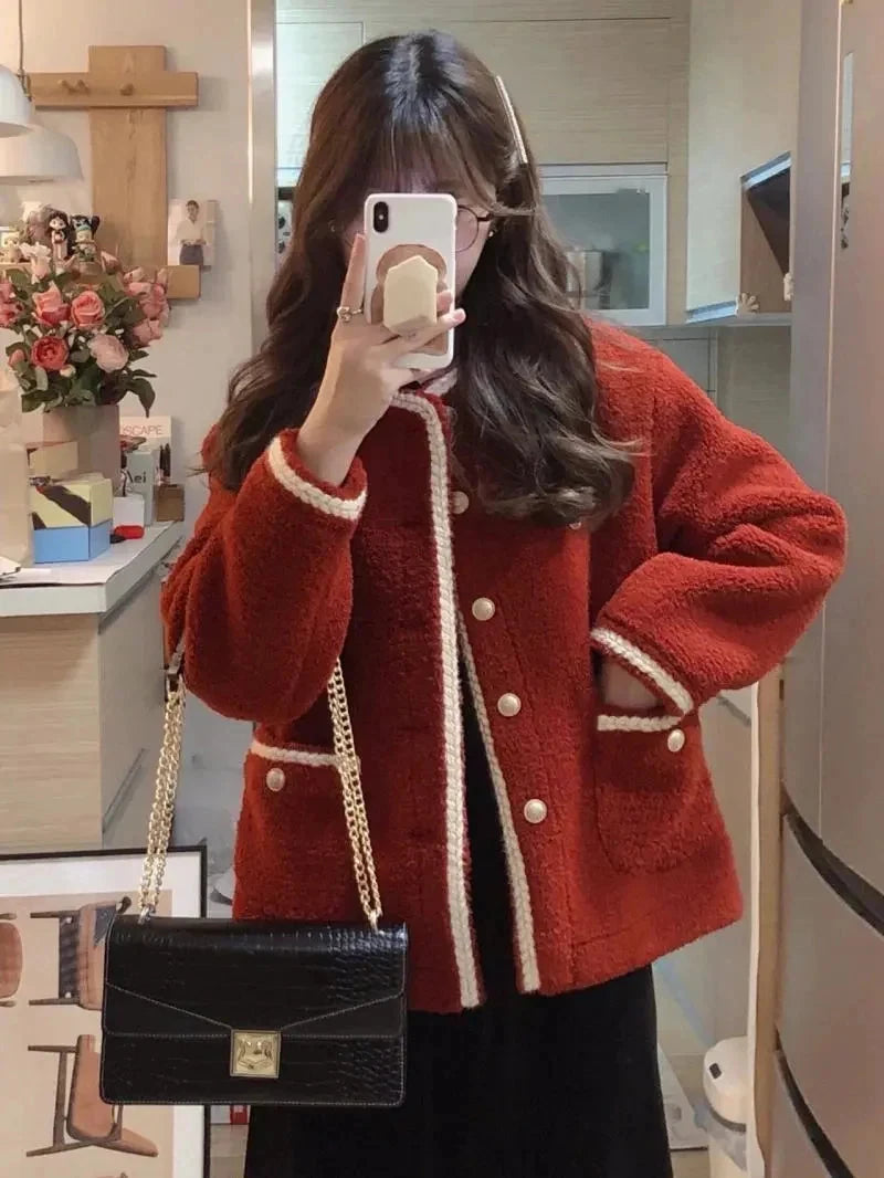 Red Faux Lamb Sweet Coat Women Korean Long Sleeve Winter Warm Jacket Vintage Casual O Neck Elegant Pearls Buttons Cute Tops voguable