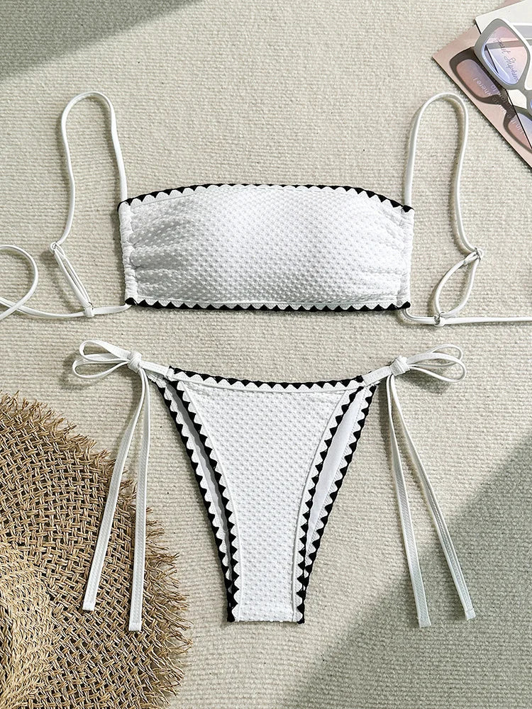 Voguable  New All Season Backless Bikini 2 Piece Set Sexy Shell Solid Laced Up Bikini Women Split Swimsuit Beach Vacation Bikini voguable