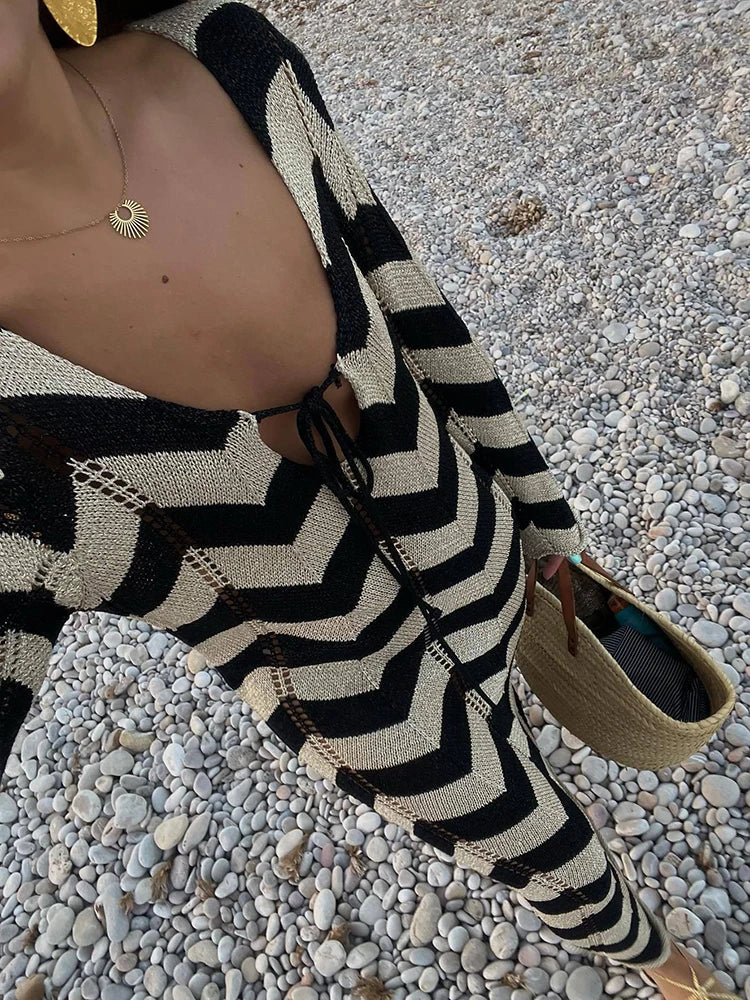 TARUXY Autumn New Lace Up Hollow Sexy Beach Cover Up Dress Women's  Stripled Long Sleeve Slim Elegant Knitted Maxi Dress V Neck voguable