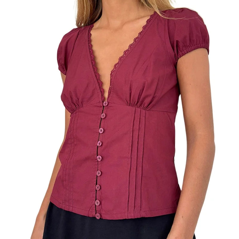 Coquette Shirt y2k Clothes Women Deep V Neck Lace Trim Single Breasted Short Sleeve Blouse Crop Top Club Streetwear voguable
