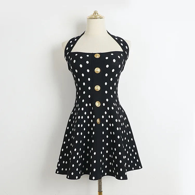 Chic Halter Neck Sweet Short Dress Polka Dot Metal Button Fashion New Dress Summer Dress Sleeveless A-line Elegant Lady Vestidos voguable