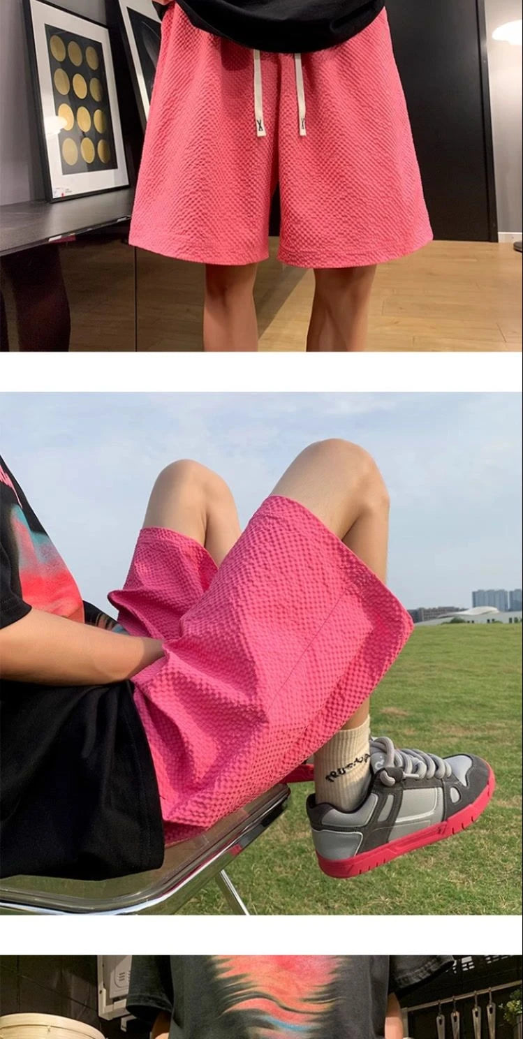 Fashion Elastic Lace Up Seersucker Thin Ice Silk Black Pink Quick-drying Breathable Shorts Casual Beach Shorts Pants Clothes voguable