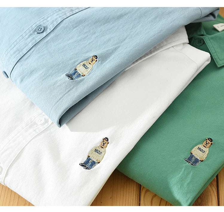 Voguable Spring and Autumn New Bear Embroidery Casual Long Sleeve Men Shirts 100% Cotton Solid Color Fashion Art Versatile Top voguable