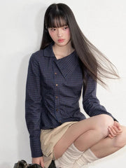 Vintage Slim Plaid Shirt Women Elegant Fall Long Sleeve Design Blouse Casual Preppy Style Female Retro Korean Sweet Tops voguable