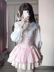 Voguable Kawaii Japanese Style 2 Piece Set Casual Blouse + Sweet Pink Y2k Mini Skirt Lace Lolita Fashion Suit Woman Design 2024 New voguable