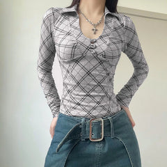 Voguable High Street Plaid T-shirt Grey Vintage Slim Long Sleeve Turn-down V-neck Tops Autumn Chic Elegant Pullovers Ladies Tops voguable