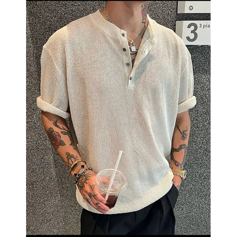 Voguable  Summer Solid Color Henley Neck Short Sleeve T-Shirt  Men's Breathable Cotton Crew Neck Casual Tee Regular  Fit Clothing XXL voguable