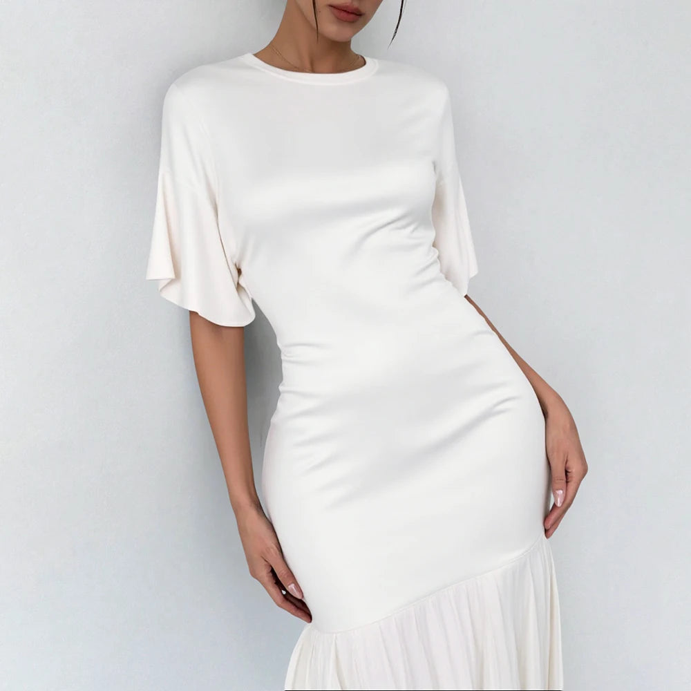 Dresses Spring Summer Simple Elegant Solid Color Short Sleeve Round-Neck Maxi Party Lettuce Trim Dresses For Women voguable