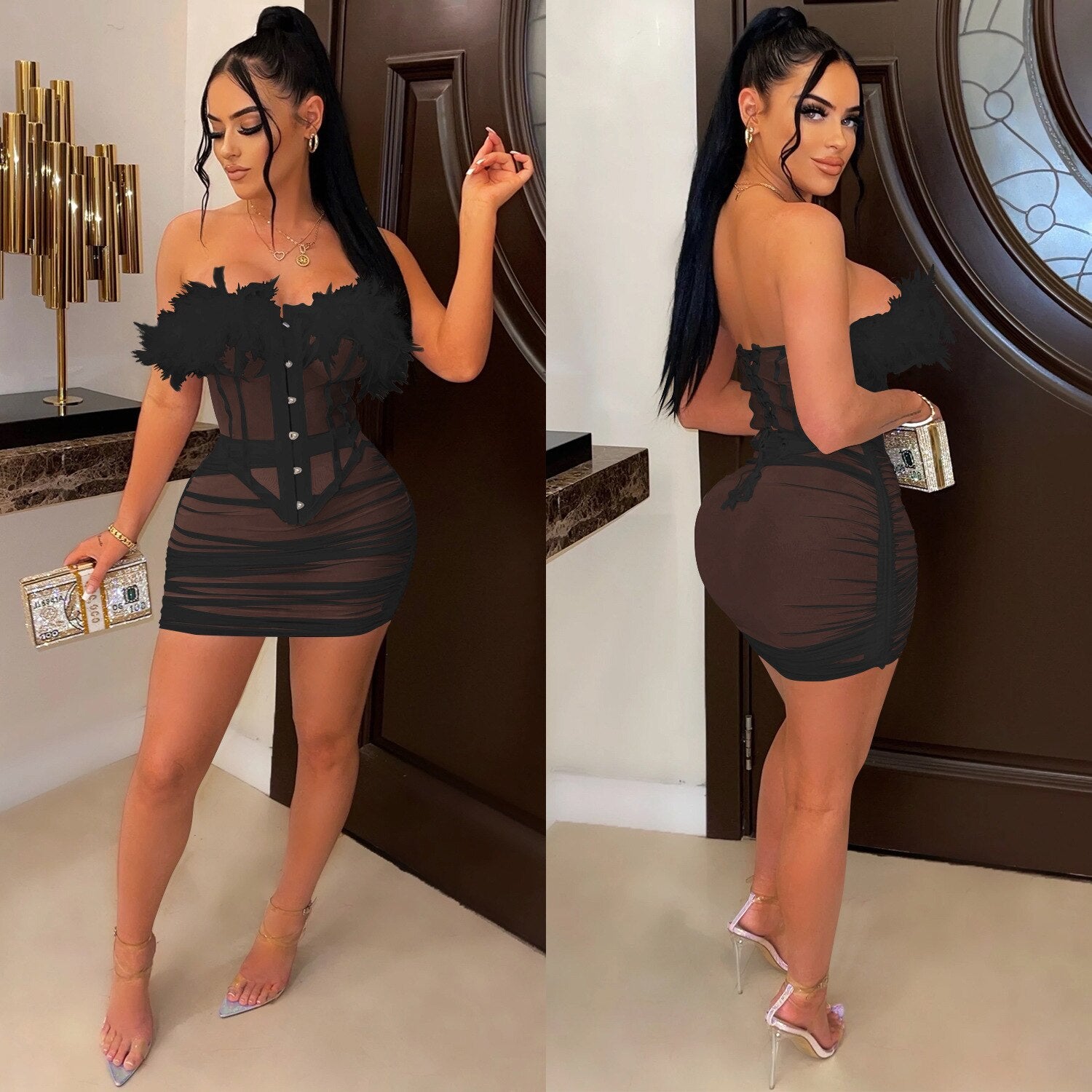 Slash Neck Spaghetti Straps Sexy Crop Tank Top Mini Dress With Feather Summer Women Solid Fashion Cute Robe voguable