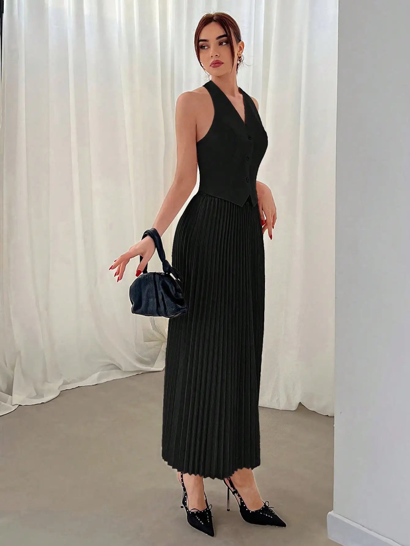 Summer new suit vest single breasted suit skirt lapel top fashion pleated skirt voguable