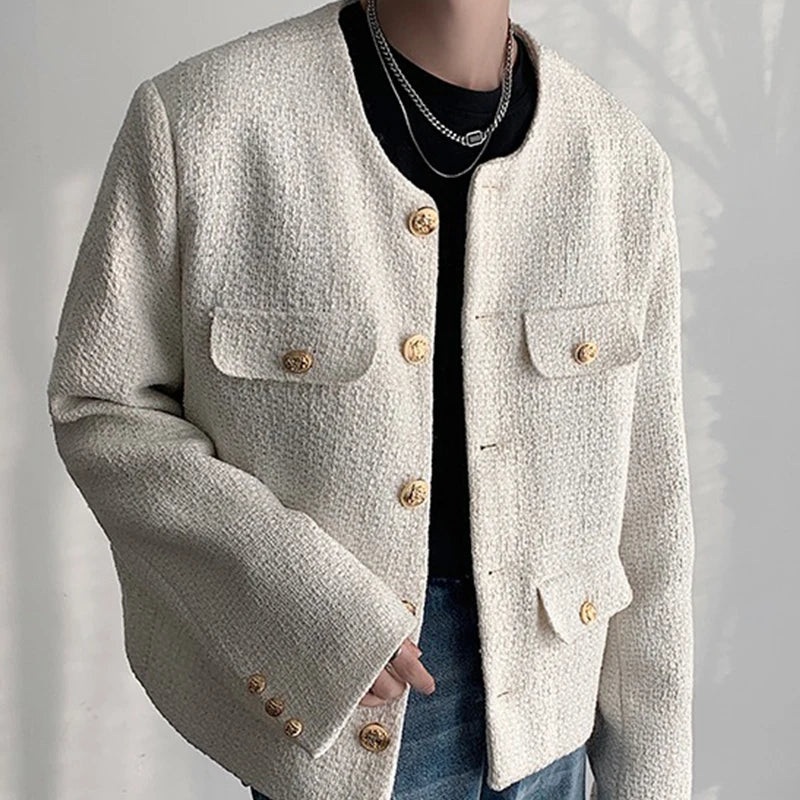Korean Style Fashionable Tweed Round Neck Jacket Men Japanese Trendy High-end Single-breasted Short Jacket with Temperament voguable