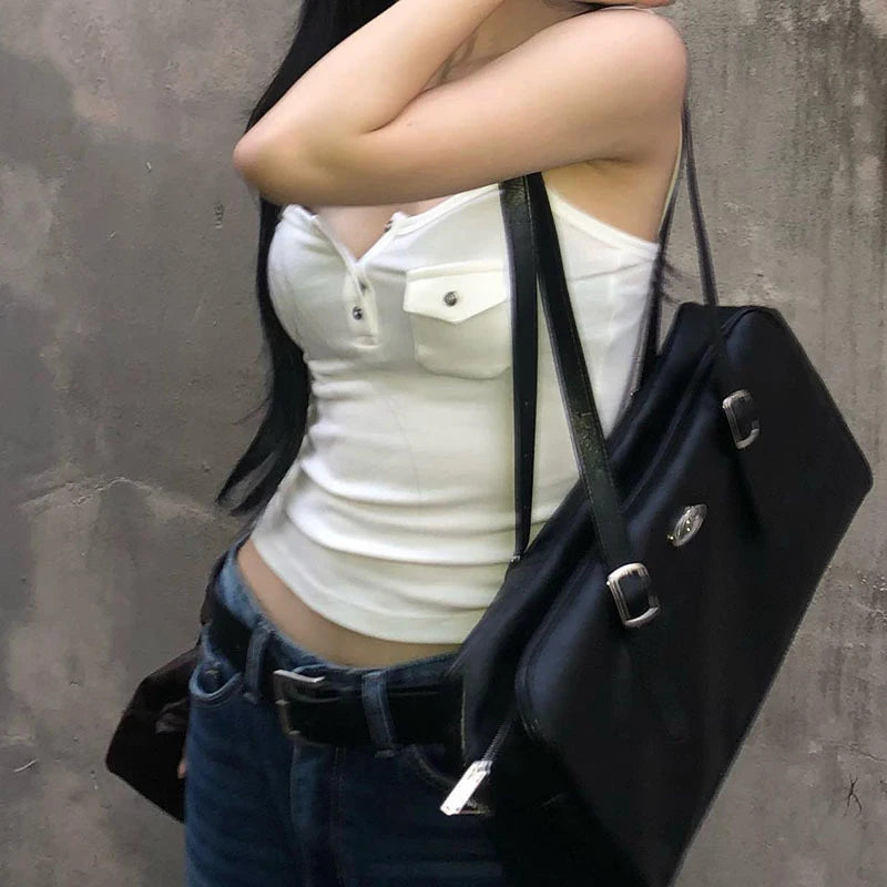 y2k Tops Women Solid Color Button Front Spaghetti Strap Sleeveless Camisole with Pocket Decor 2000s Vest Streetwear voguable