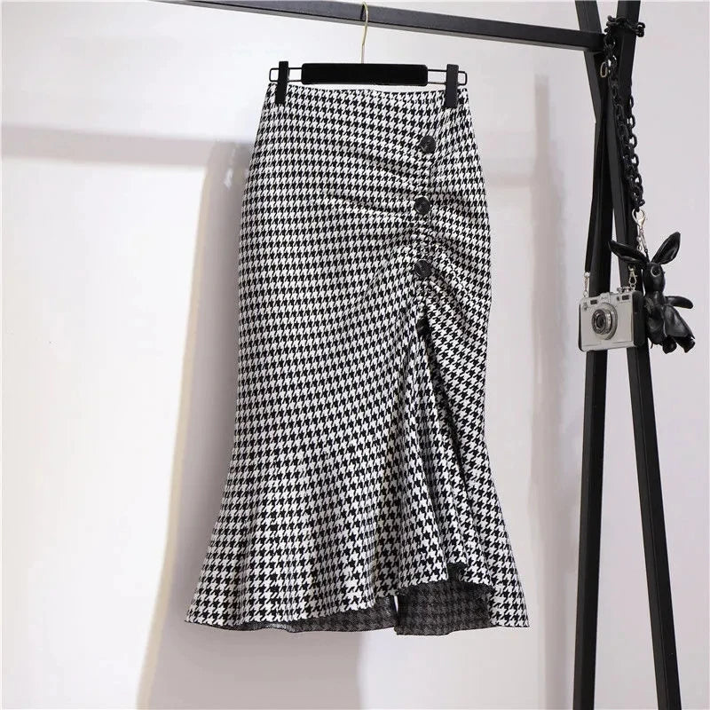 Trumpet Houndstooth Vintage High Waist Buttons Women's Skirt Korean Fashion Mermaid Mid-Calf Long Skirts For Women Spring voguable