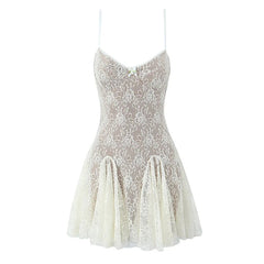 New Fashion Women Spaghetti Straps Lace Sexy Dresses Black Beige Backless Hollow Out A-line Mini Dress Night Out Robe voguable