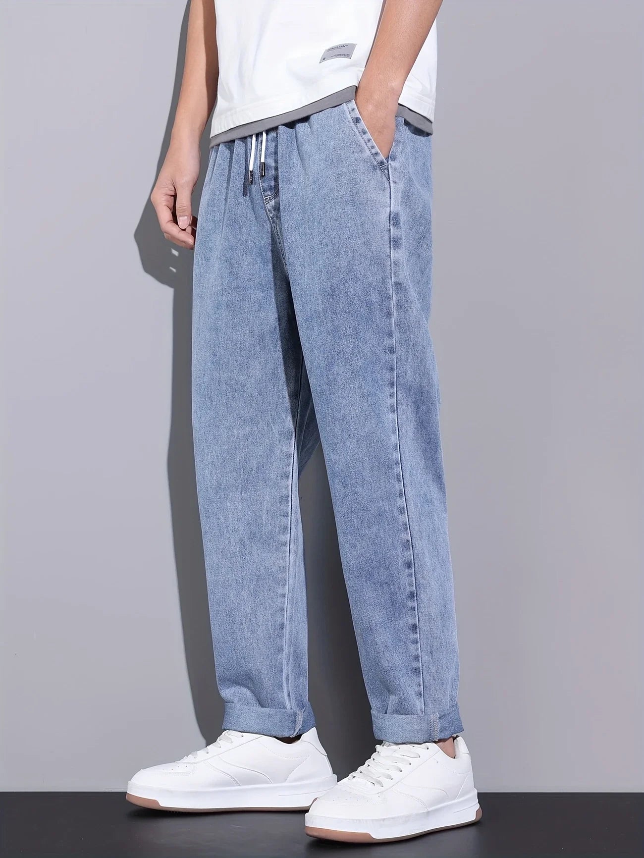 Voguable  Men's Straight-Leg Jeans with Adjustable Drawstring Waist, Made of Breathable and Soft Fabric, Loose Casual Style. voguable