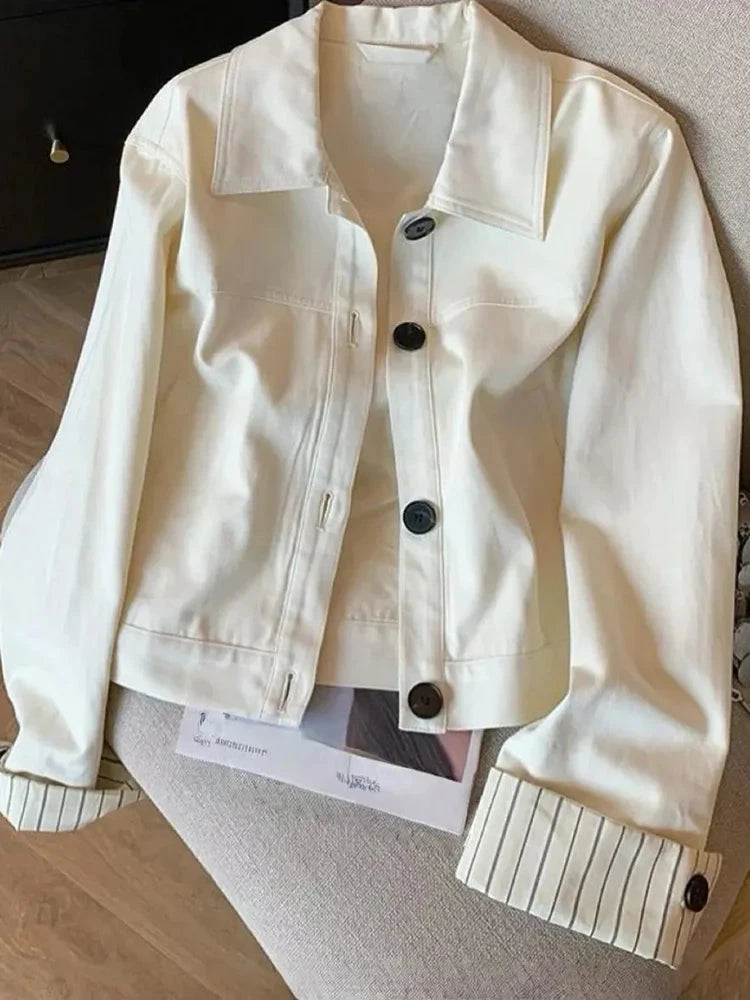 Fashion Sweet Slim Denim Jacket Women Korean Long Sleeve Striped Patchwork Short Coat Fall Winter Female Chic Outwear Tops voguable