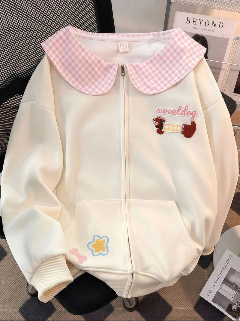 Cartoon Sweet Kawaii Hoodies Women Loose Cute Peter Pan Collar Sweatshirts Fall Preppy Style Long Sleeve New Embroidery Top voguable