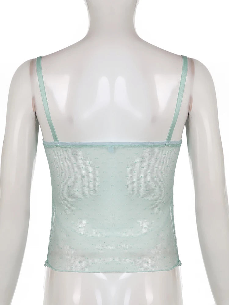 Voguable   Dot Print Lace Corset Women Flower Appliques Milkmaid Sexy See Through Crop Top Y2K Camis Transparent Aesthetic Tanks voguable