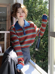 Voguable  Vintage Harajuku Striped Sweater Women Sexy Cropped Knitted Pullover American Retro Turn Down Collar Design Casual Tops voguable