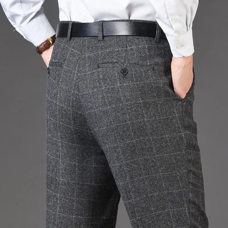 Flat Cashmere Suit Trouser For Male Loose Plaid Hight Waist Classic Straight Formal Mens Dress Pants Business Size 42 44 voguable
