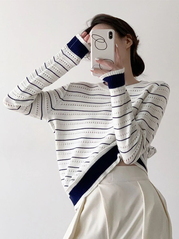 Vintage Elegant Striped Sweaters Women Loose O Neck Hollow Out Knitted Pullover French Retro Long Sleeve Casual Jumper Tops voguable