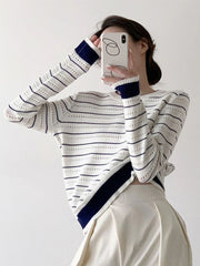 Vintage Elegant Striped Sweaters Women Loose O Neck Hollow Out Knitted Pullover French Retro Long Sleeve Casual Jumper Tops voguable