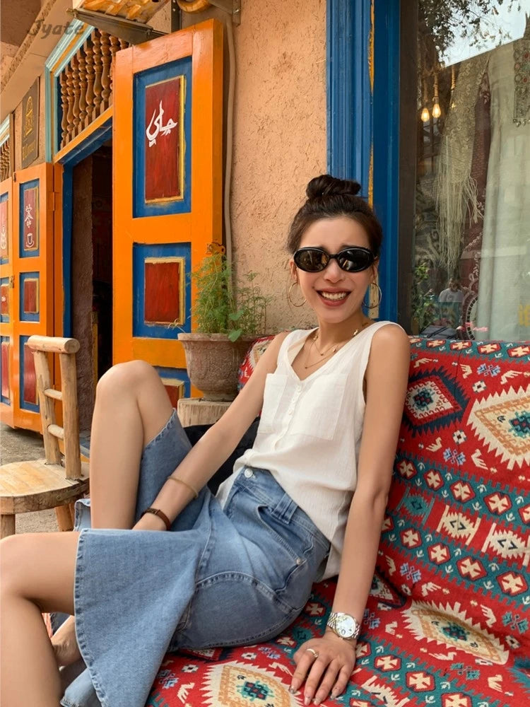 Casual Women Thin Cotton Summer Vest New V-neck Pocket Single Breasted Office Lady Tank Beige Black Fashion Sleeveless Top voguable