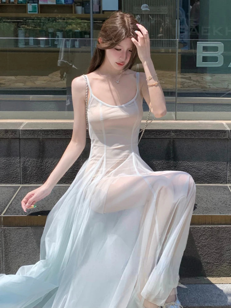 Voguable  2024 Summer Woman French Elegant Midi Dress See Through Sexy Sleeveless Dress Bodycon Slim One Piece Dress Korean Fashion Chic voguable