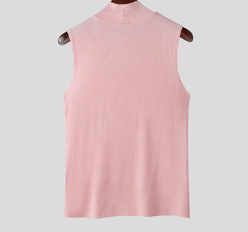 Summer Men Tank Tops Solid Color Knitted Turtleneck Sleeveless Male Vests Tops Hollow Out Sexy Men Clothing Streetwear voguable