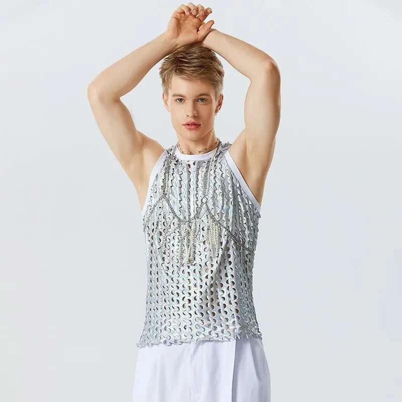 Men Tank Tops Sparkling O-neck Sleeveless Streetwear Hollow Out Vests Summer Sexy Fashion Party Men Clothing S-5XL voguable