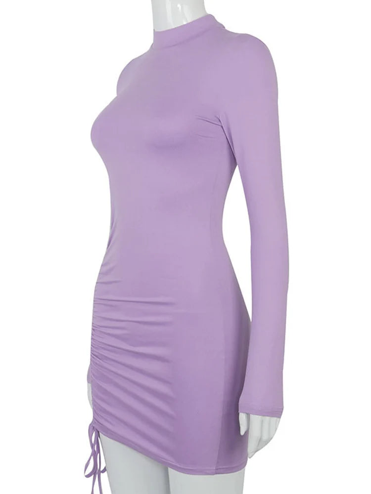 Long Sleeve Ruched Bodycon Dress Women Turtleneck Bandage Mini Dresses Autumn Black Skinny Stretchy Party Vestidos voguable