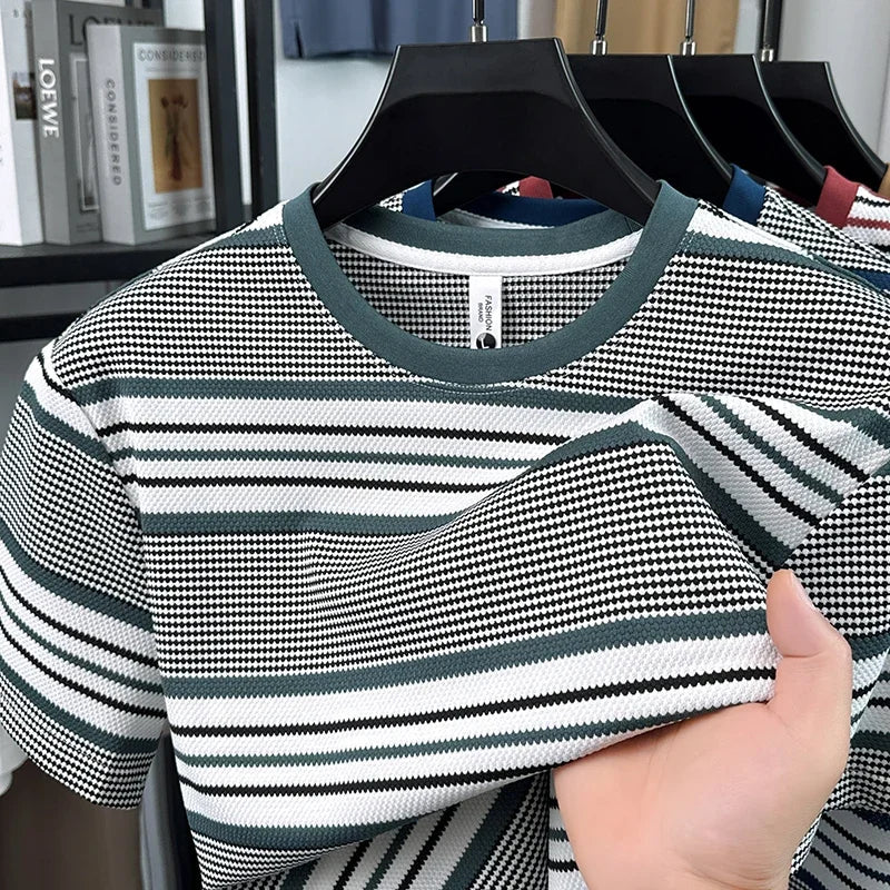 Voguable  Mens Striped Crew Neck T Shirt Casual Short Sleeve Breathable Tee voguable