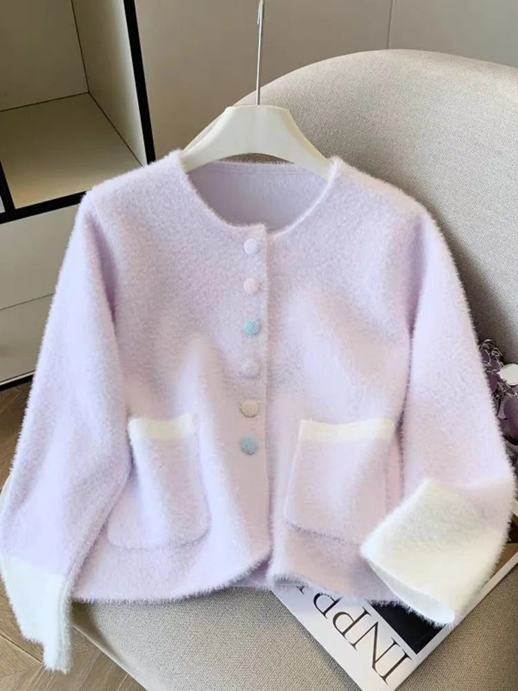 Faux Mink Cashmere Sweet Cardigan Women Long Sleeve O Neck Elegant Knitted Sweaters Korean Fall Winter Fashion Soft Pockets Tops voguable
